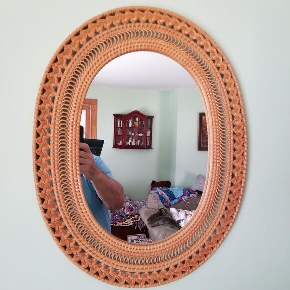 Vintage boho rattan wicker wall mirror hangable intricate design natural finish